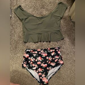 Green Ruffle Top and Floral Bikini Bottom